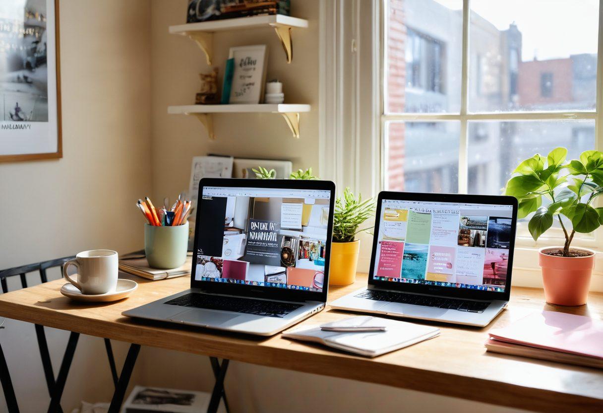 A serene workspace with a laptop open to a vibrant blogging interface, surrounded by colorful notebooks and a steaming coffee cup. The background features a wall full of inspirational quotes and framed pictures depicting the journey from hobby to passion. Bright sunlight pours in through a window, illuminating the scene. super-realistic. vibrant colors. warm tones.