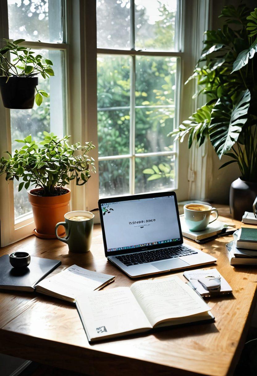 A bright, inviting workspace with a cozy desk, scattered notebooks, and a laptop, showcasing an open blog post draft. A steaming cup of coffee sits beside a motivational quote framed on the wall. Sunlight streams through a window filled with greenery, symbolizing growth and creativity. Include a whimsical touch like a cat lounging nearby, embodying comfort and inspiration. vibrant colors. super-realistic.